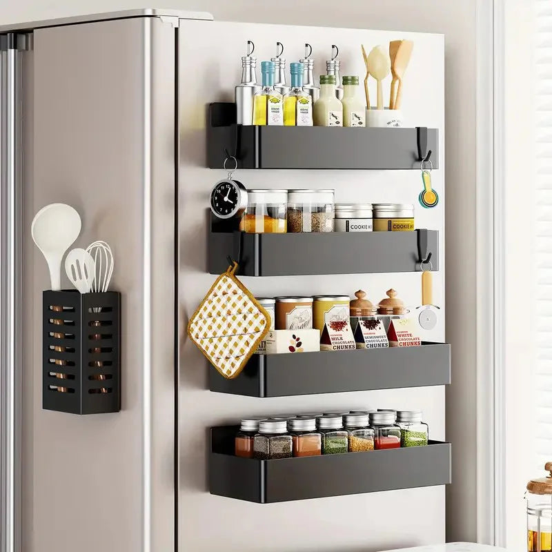 Black magnetic refrigerator storage baskets with hanging loops on refrigerator door