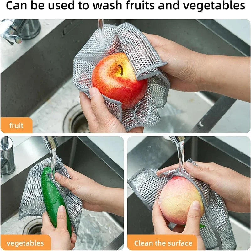 Grey mesh scrubbing cloth used to rinse and clean fruit and vegetables in a sink