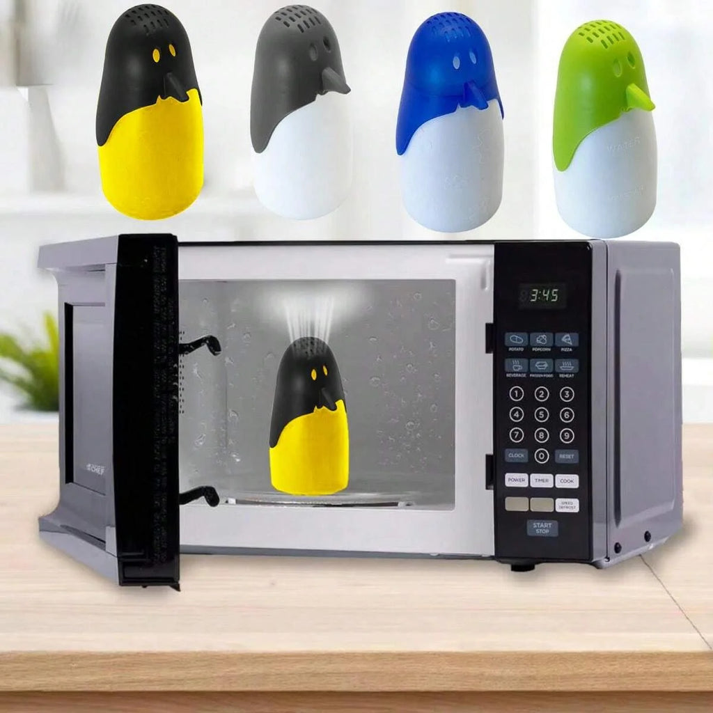 Microwave steam cleaner set: black/yellow, blue/white, and green/white units