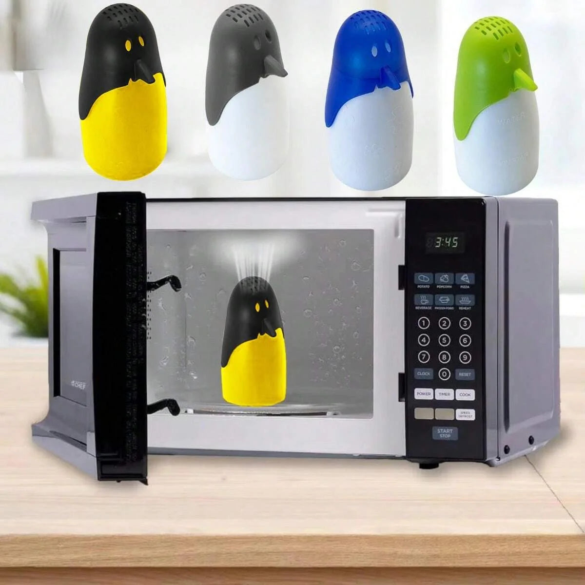 Microwave steam cleaner set: black/yellow, blue/white, and green/white units