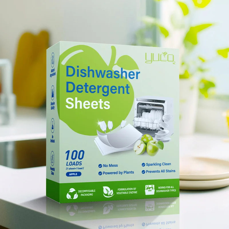 Dishwasher detergent sheets box with green leaf and spray-cleaning graphics