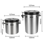 Coffee storage canister dimensions diagram showing two sizes and black lid