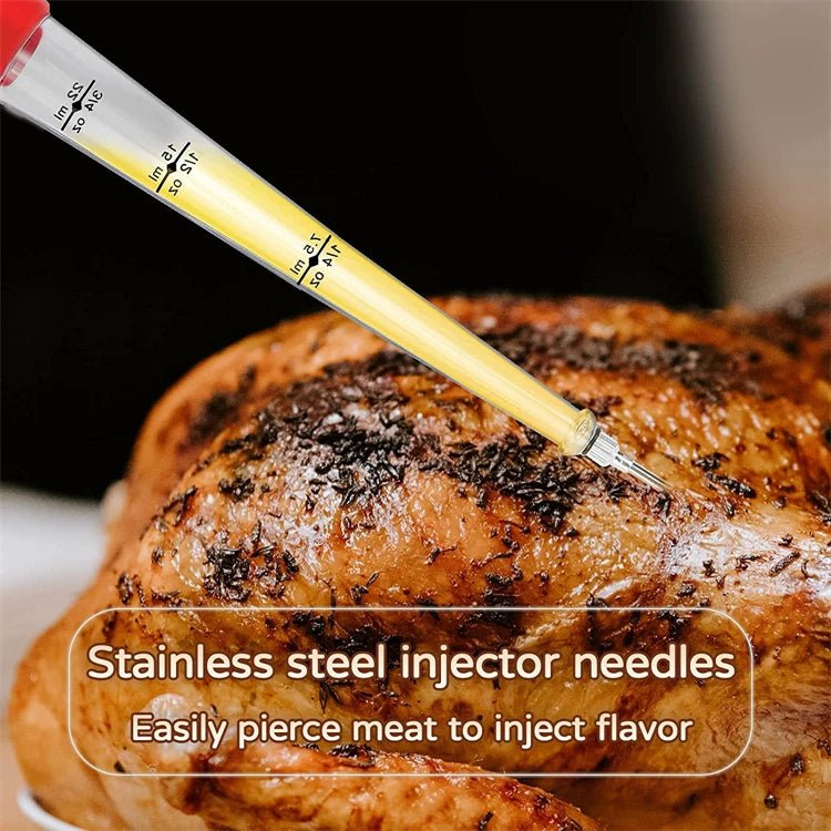 Stainless injector needles on yellow graduated tube with red cap, close-up