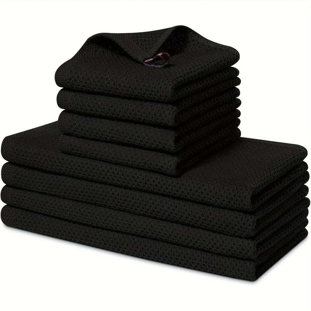 Black waffle weave kitchen towel stack, pure cotton dishcloths