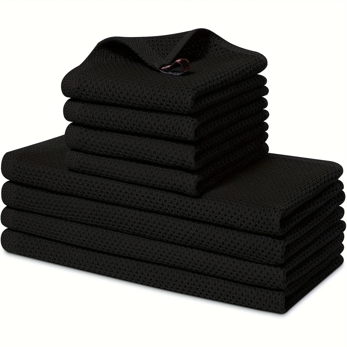 Black waffle weave kitchen towel stack, pure cotton dishcloths