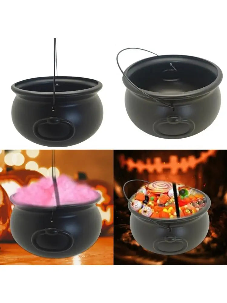 Black cauldron candy bucket with hanging hook, shown in empty and candy-filled views