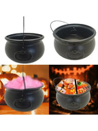 Black cauldron candy bucket with hanging hook, shown in empty and candy-filled views