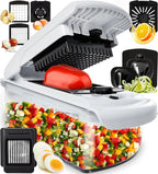 Stainless steel vegetable chopper with clear container and multi-blade inserts, white base