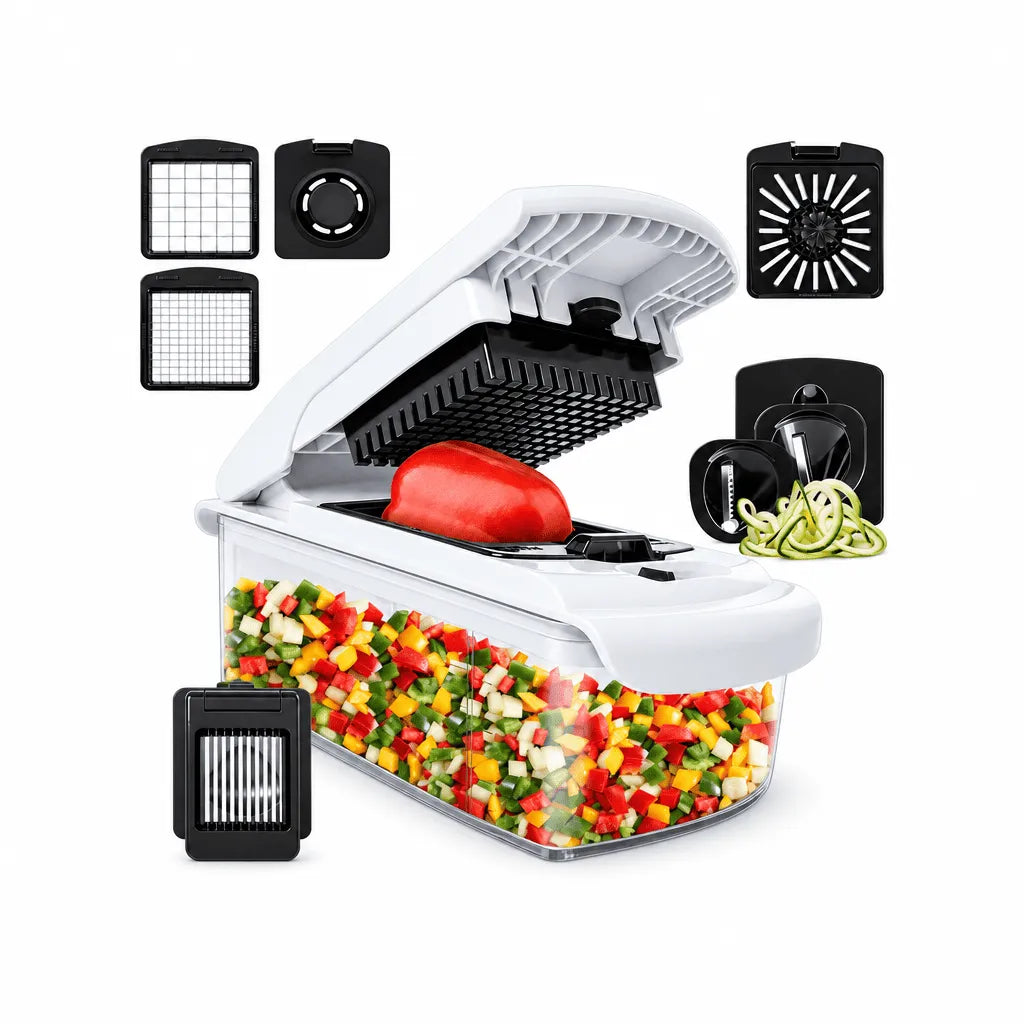 Stainless steel vegetable chopper set with clear container and assorted black blade inserts