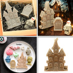 White Halloween silicone candy mold with haunted house, tombstone, spider, and mummy embossing