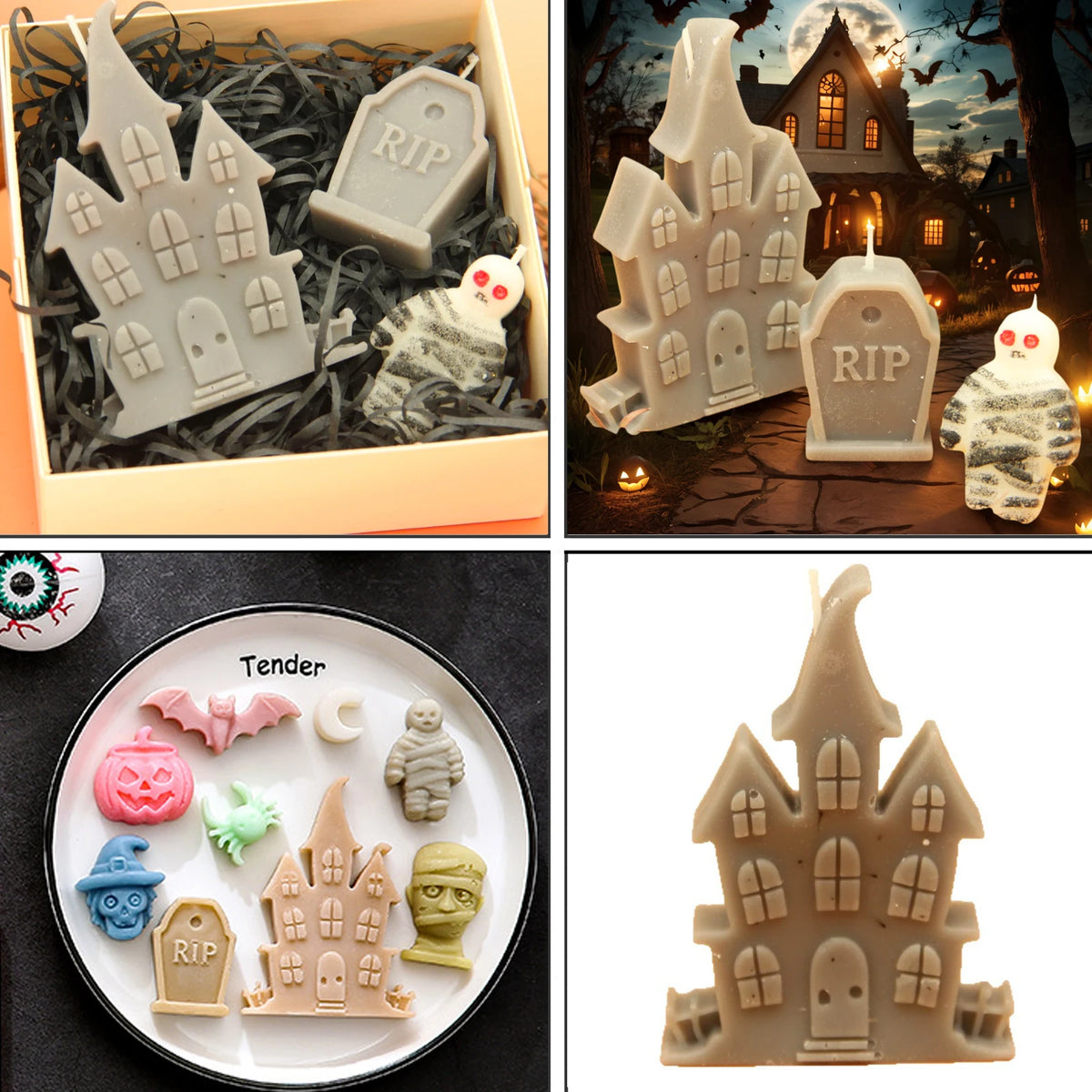 White Halloween silicone candy mold with haunted house, RIP tombstone, and mummy figure embossing