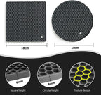 Black silicone square and round trivets, honeycomb texture with circular hanging holes