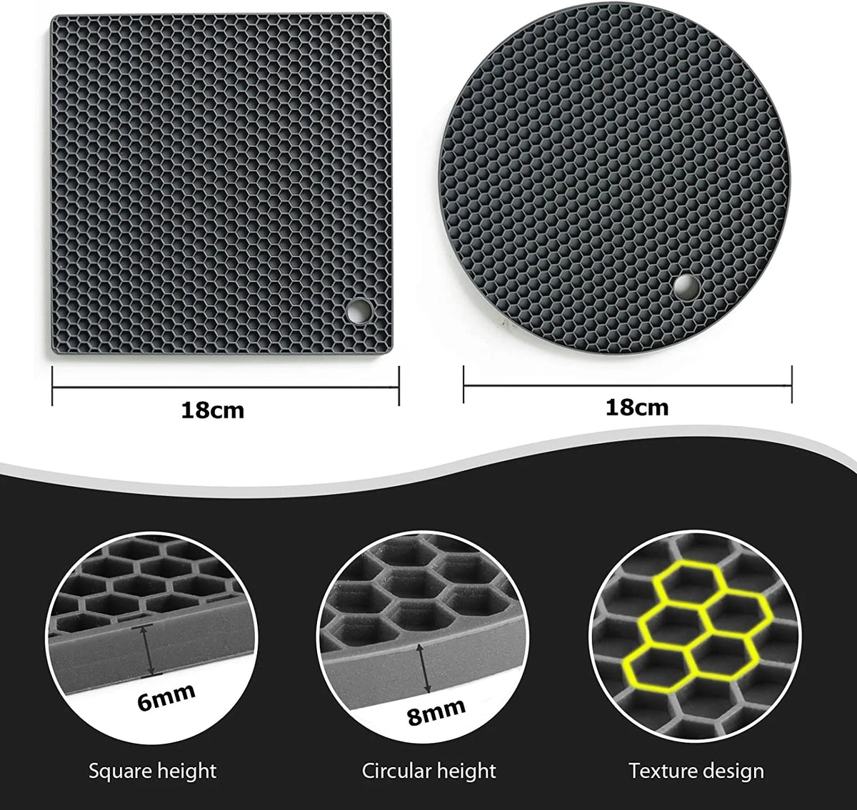 Black silicone square and round trivets, honeycomb texture with circular hanging holes