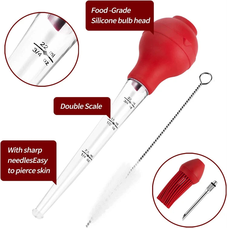 Red silicone-bulb marinade injector with double scale markings and needle accessory
