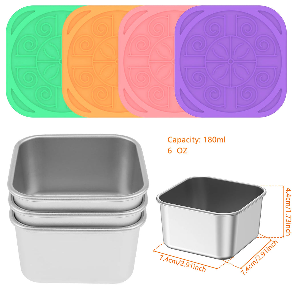 Two stainless snack cup sizes with multicolor silicone lids, 180 ml labeled