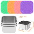Two stainless snack cup sizes with multicolor silicone lids, 180 ml labeled