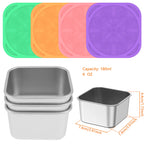 Two stainless snack cup sizes with multicolor silicone lids, 180 ml labeled