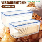 Clear plastic bread storage box with blue lid and airtight seal, holding sliced loaves