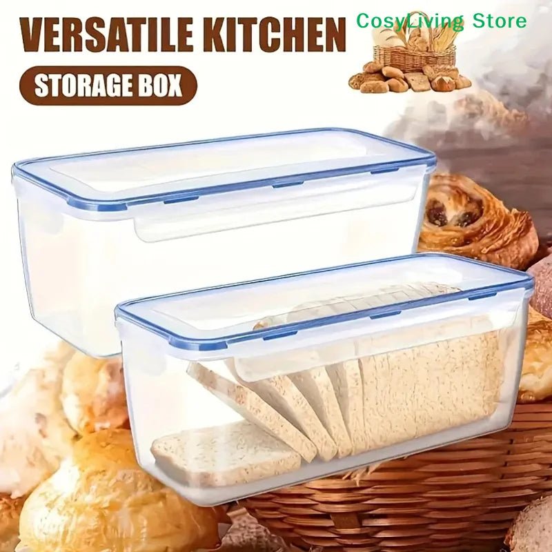 Clear plastic bread storage box with blue lid and airtight seal, holding sliced loaves