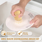 Wooden dish scrub brush scrubbing a white plate; yellow bristles help clean food residue