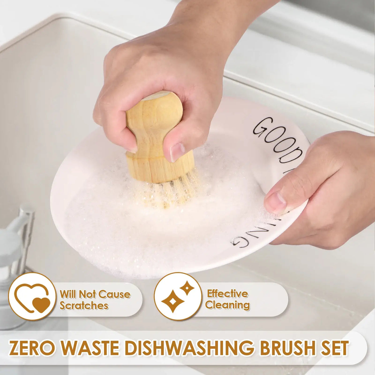 Wooden dish scrub brush scrubbing a white plate; yellow bristles help clean food residue
