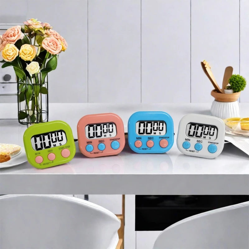 Multi-color digital kitchen timers with large LCD displays and MIN/SEC start/stop controls