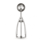 Stainless steel spring-loaded scoop with round bowl and two hinged prongs