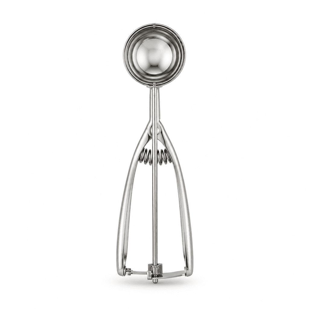 Stainless steel spring-loaded scoop with round bowl and two hinged prongs