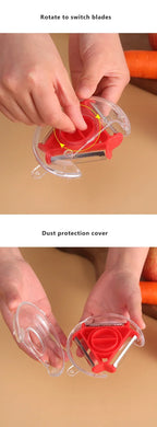 Rotary vegetable peeler with rotating blades and clear dust-protection cover, red blade head