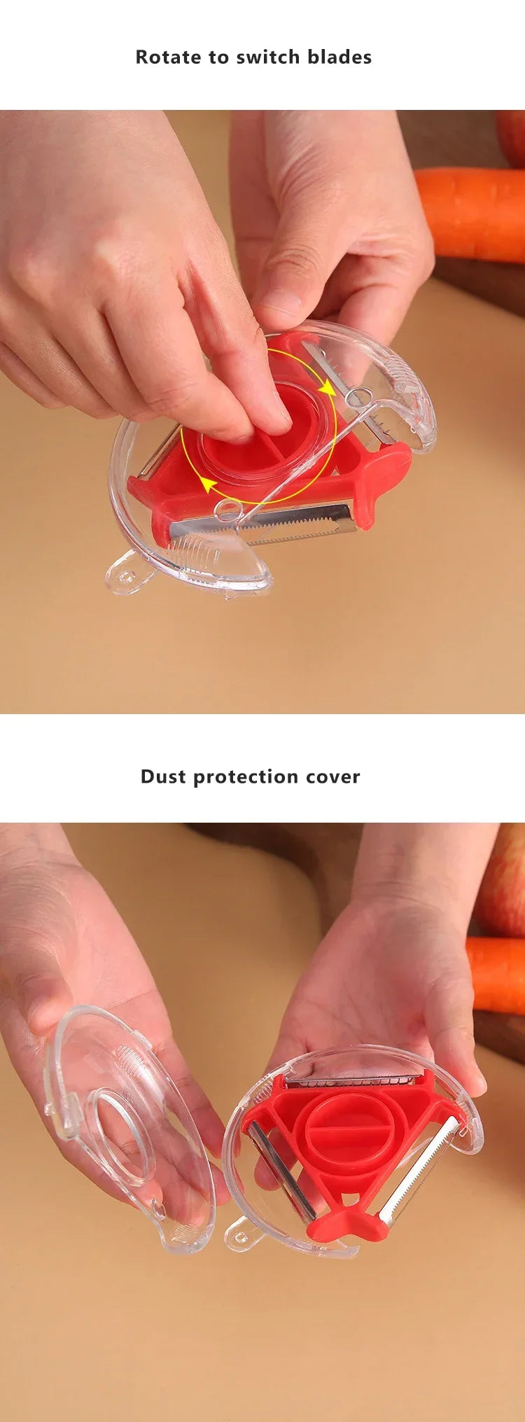 Rotary vegetable peeler with rotating blades and clear dust-protection cover, red blade head