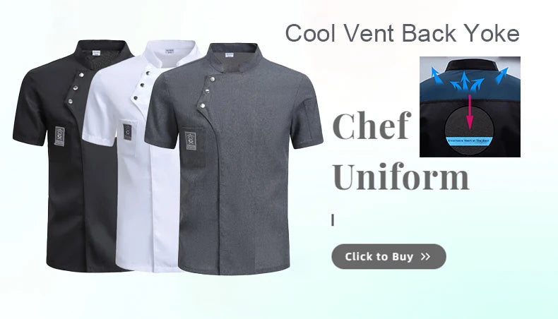 Pack of chef uniform shirts in black, white, and gray with button placket