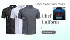 Pack of chef uniform shirts in black, white, and gray with button placket