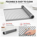 Slate gray roll-up over-sink dish drying rack with silicone-coated bars