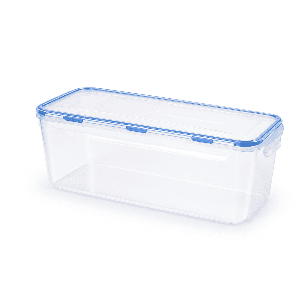 Airtight bread storage box with silicone seal, clear plastic with blue lid