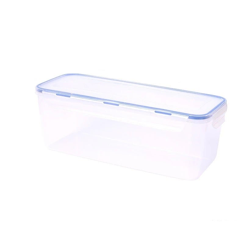 Clear plastic bread storage box with blue airtight lid, empty inside