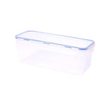 Clear plastic bread storage box with blue airtight lid, empty inside