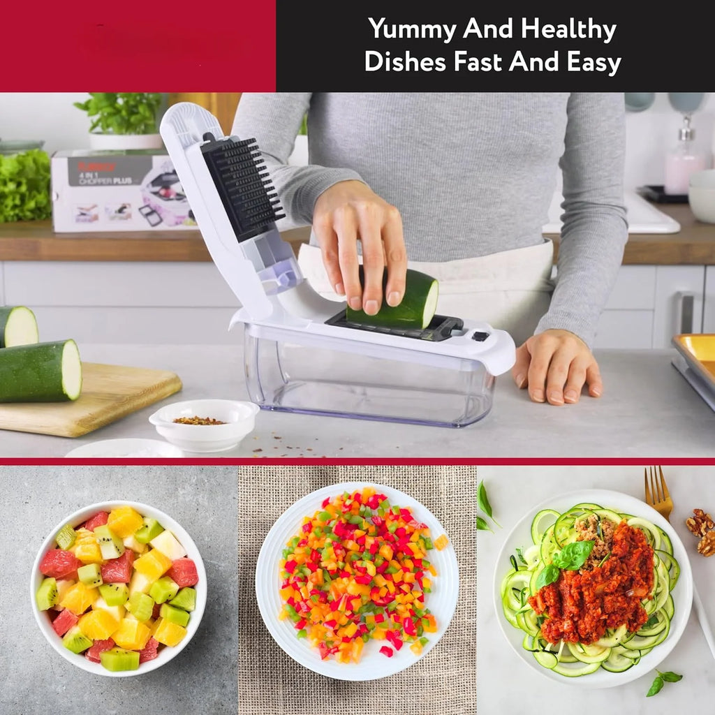 Vegetable chopper with blade insert and clear catch tray for sliced vegetables