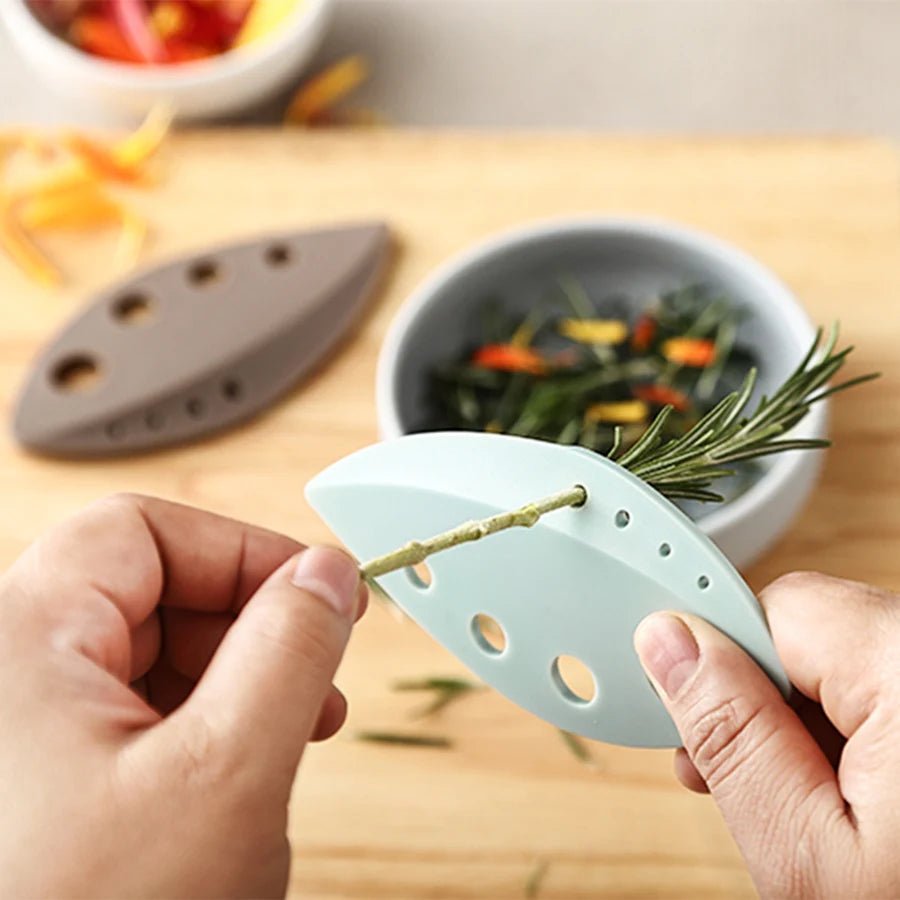 Mint blue herb leaf stripper with curved blade and perforated 8-hole head