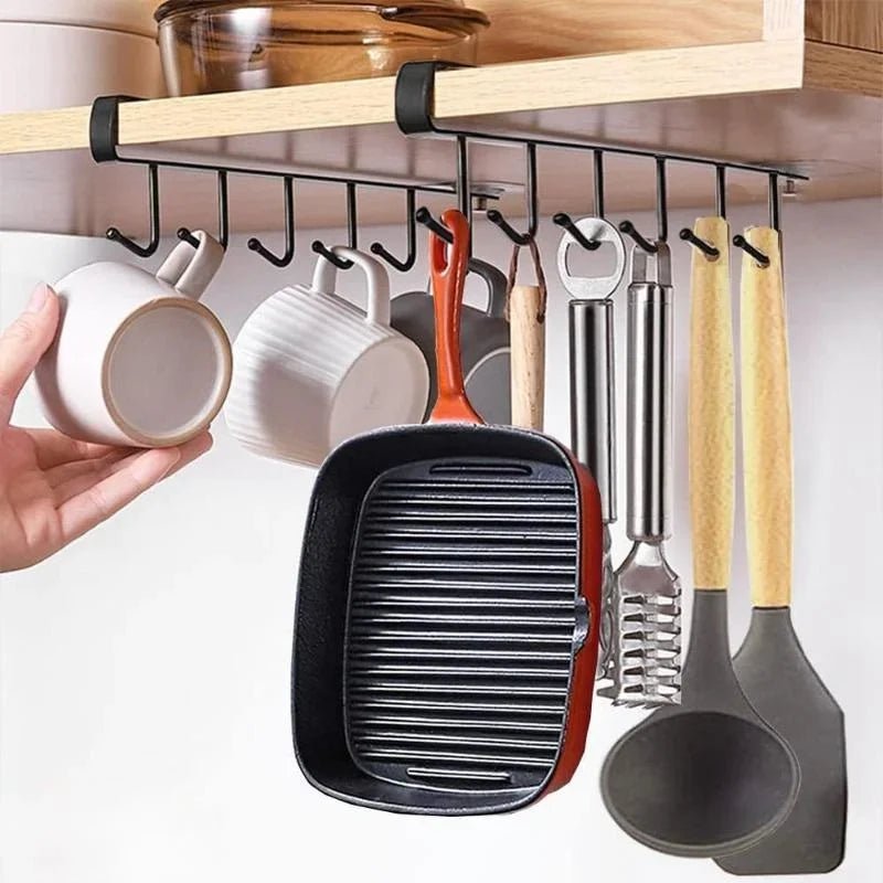 Under-cabinet mug hanger rack with 6 hooks, holding mugs and kitchen utensils, matte black