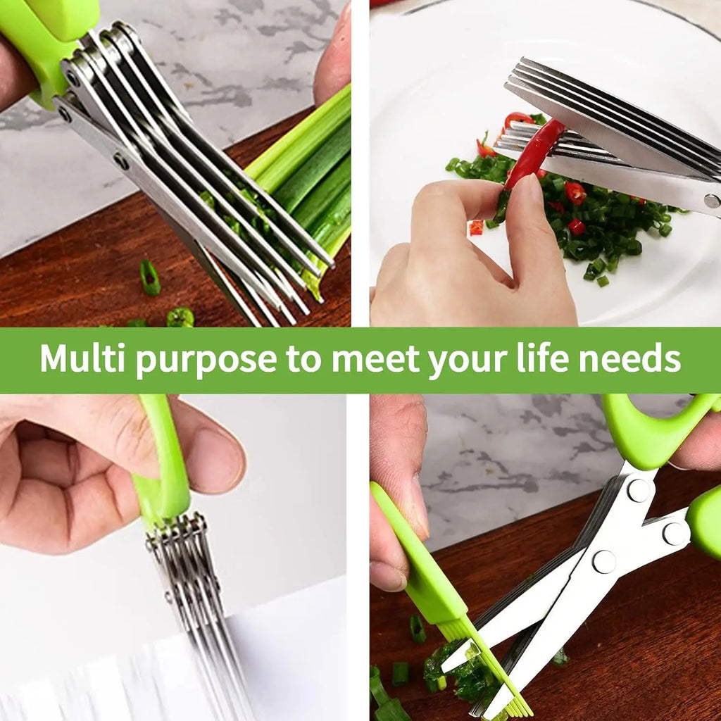 Stainless multi-blade herb shears with green handles mincing vegetables on a cutting board