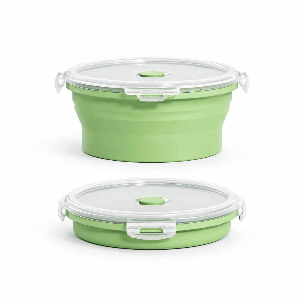 Collapsible round silicone food storage container with clear lid, sage green