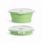 Collapsible round silicone food storage container with clear lid, sage green