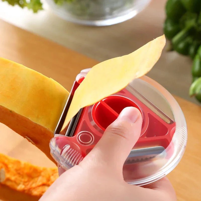3-in-1 rotary vegetable peeler shaving carrot into thin strips