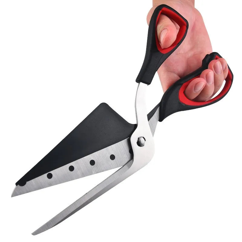 Pizza cutting scissors with stainless blades and black/red grips, held in hand