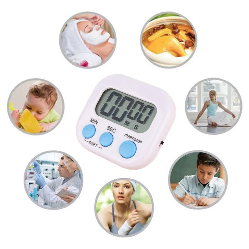 White digital kitchen timer with large LCD display, MIN/SEC buttons, and start/stop control