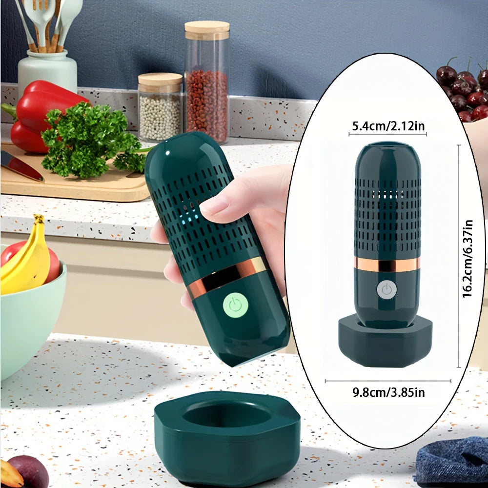 Teal portable wireless food purifier with base; size overlay with device silhouette