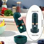 Teal portable wireless food purifier with base; size overlay with device silhouette