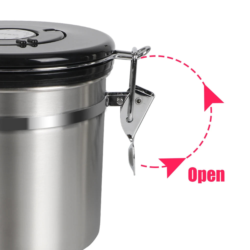 Coffee storage canister latch open view on stainless steel body