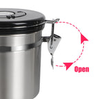 Coffee storage canister latch open view on stainless steel body