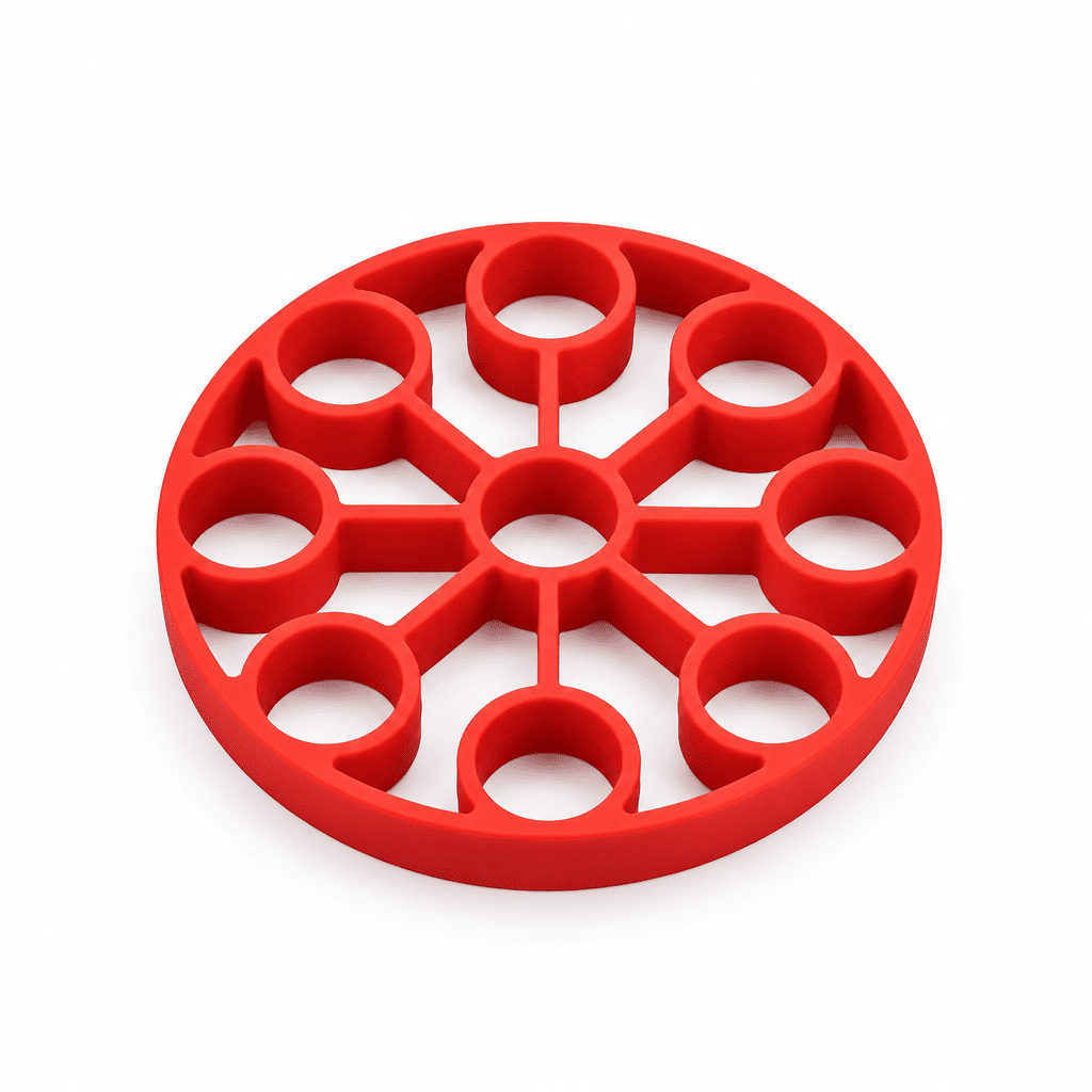 Red silicone 9-hole egg steamer rack, top view with circular openings